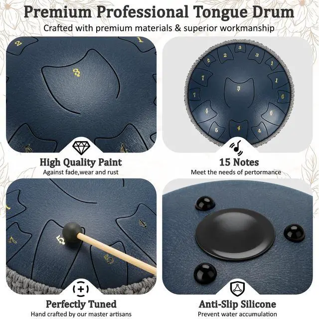 Alt view image 3 of 7 - Steel Tongue Drum 6 Inch 8 Notes, Rain Drum for Outdoor Garden, Easy-Play Percussion Instrument, Unique Gift for Music Lovers, with Mallets, Carry Bag & Music Book (Deep Blue, 14 Inch 15 Notes)