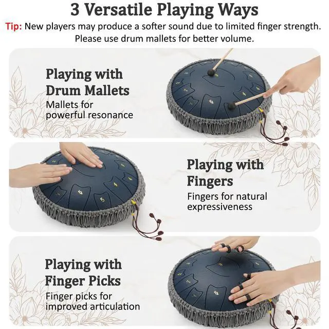 Alt view image 4 of 7 - Steel Tongue Drum 6 Inch 8 Notes, Rain Drum for Outdoor Garden, Easy-Play Percussion Instrument, Unique Gift for Music Lovers, with Mallets, Carry Bag & Music Book (Deep Blue, 14 Inch 15 Notes)