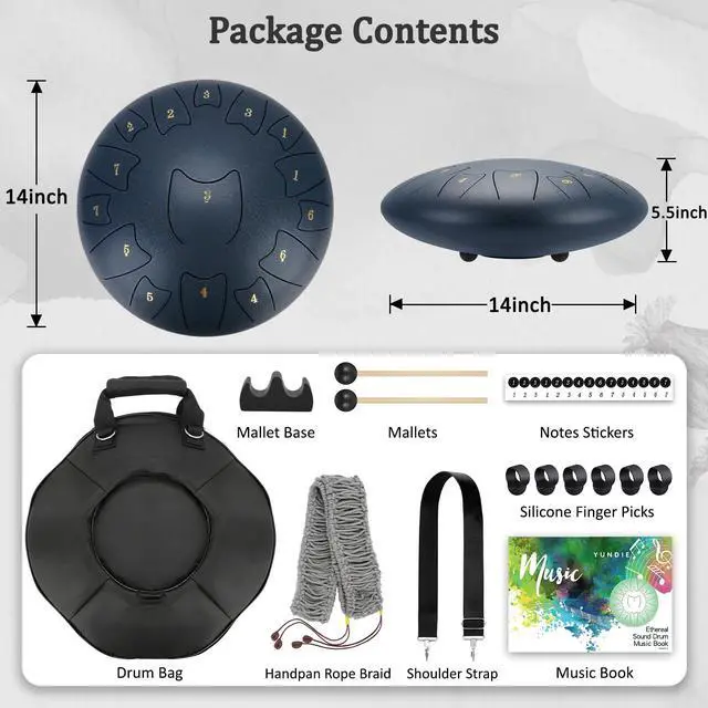 Alt view image 7 of 7 - Steel Tongue Drum 6 Inch 8 Notes, Rain Drum for Outdoor Garden, Easy-Play Percussion Instrument, Unique Gift for Music Lovers, with Mallets, Carry Bag & Music Book (Deep Blue, 14 Inch 15 Notes)