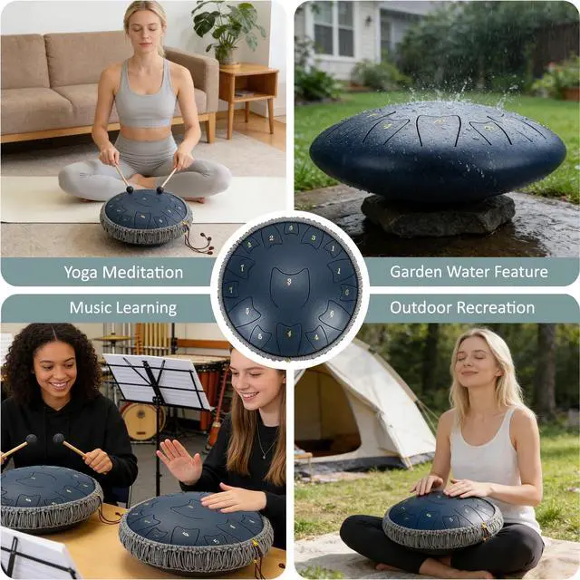 Alt view image 6 of 7 - Steel Tongue Drum 6 Inch 8 Notes, Rain Drum for Outdoor Garden, Easy-Play Percussion Instrument, Unique Gift for Music Lovers, with Mallets, Carry Bag & Music Book (Deep Blue, 14 Inch 15 Notes)