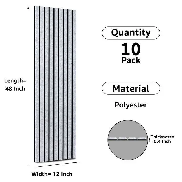 Alt view image 3 of 7 - 10 Pack Acoustic Panels, 48" X 12" X 0.43", Grey and Black | Soundproof Wall Panels, Self Adhesive, High Density Sound Absorbing, Acoustic Treatment for Recording Studio, Office