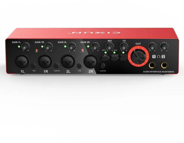 Main image of 4x4 USB-C Audio Interface for PC & Mac - 24-bit/192kHz Studio Recording, 4 Combo Inputs (XLR/TRS), 4 TRS Outputs, 48V Phantom Power, FX Effects for Podcast/Streaming (Matte Red)