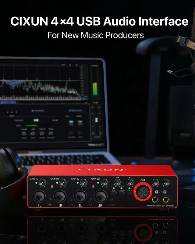Alt view image 2 of 7 - 4x4 USB-C Audio Interface for PC & Mac - 24-bit/192kHz Studio Recording, 4 Combo Inputs (XLR/TRS), 4 TRS Outputs, 48V Phantom Power, FX Effects for Podcast/Streaming (Matte Red)