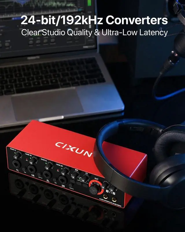 Alt view image 3 of 7 - 4x4 USB-C Audio Interface for PC & Mac - 24-bit/192kHz Studio Recording, 4 Combo Inputs (XLR/TRS), 4 TRS Outputs, 48V Phantom Power, FX Effects for Podcast/Streaming (Matte Red)