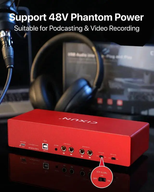 Alt view image 5 of 7 - 4x4 USB-C Audio Interface for PC & Mac - 24-bit/192kHz Studio Recording, 4 Combo Inputs (XLR/TRS), 4 TRS Outputs, 48V Phantom Power, FX Effects for Podcast/Streaming (Matte Red)