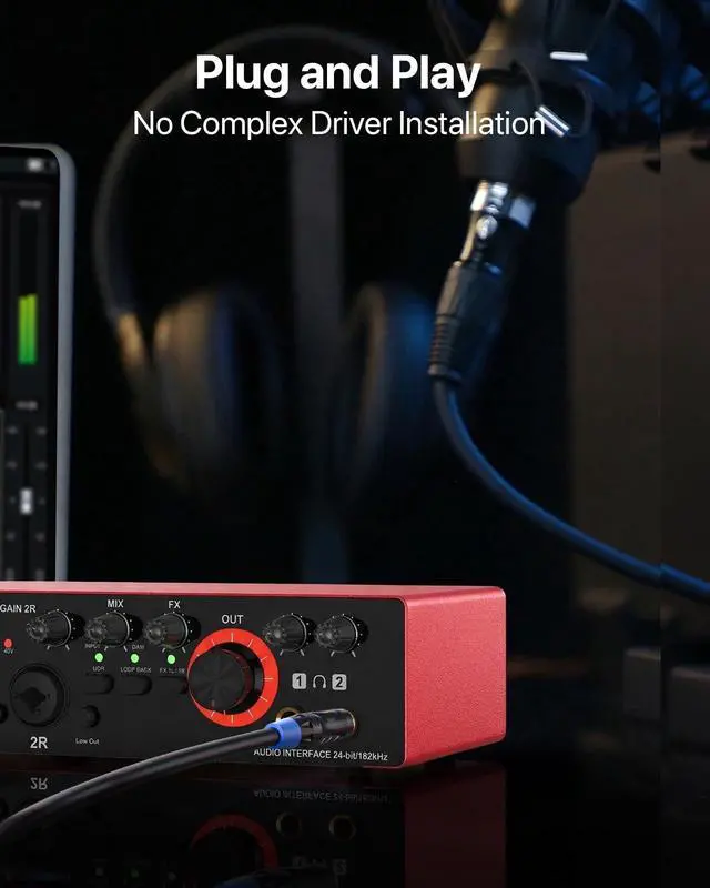Alt view image 7 of 7 - 4x4 USB-C Audio Interface for PC & Mac - 24-bit/192kHz Studio Recording, 4 Combo Inputs (XLR/TRS), 4 TRS Outputs, 48V Phantom Power, FX Effects for Podcast/Streaming (Matte Red)