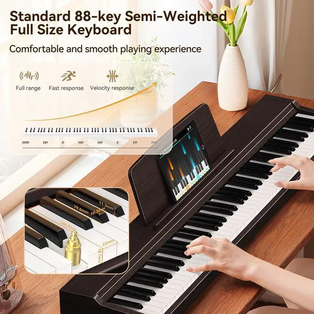Alt view image 2 of 7 - Keyboard Piano 88 Key Digital: 88 Key Piano keyboard Semi-Weighted Full Size Keyboard Digital Premium Sound MIDI Headphone Jack Triple Pedal Compact Design for Beginners to Professionals (Walnut)