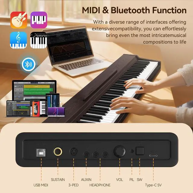 Alt view image 6 of 7 - Keyboard Piano 88 Key Digital: 88 Key Piano keyboard Semi-Weighted Full Size Keyboard Digital Premium Sound MIDI Headphone Jack Triple Pedal Compact Design for Beginners to Professionals (Walnut)