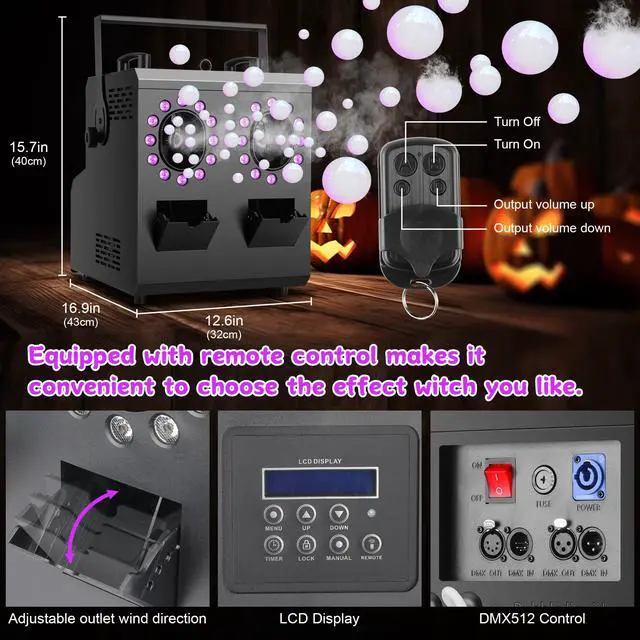 Alt view image 5 of 7 - Fog Bubble Machine,1500W 3IN1 Smoke Bubble Machine with 24LEDs RGBW 4IN1 Lighting Effect Remote Control Timer Settings DMX512 for Halloween Birthday Parties Wedding Show Festival Stage