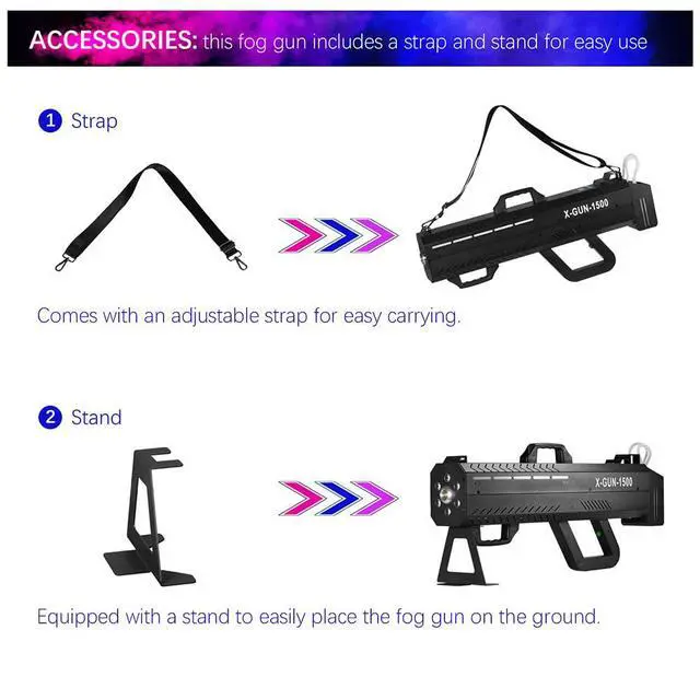 Alt view image 5 of 7 - 1500W LED Handheld Fog Gun Smoke Machine with Strap & Stand | 6 RGB LED, Timing Function, 20-26ft Thick Smoke, Ideal for Halloween DJ Party Stage Events