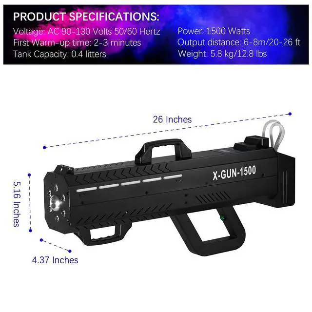 Alt view image 6 of 7 - 1500W LED Handheld Fog Gun Smoke Machine with Strap & Stand | 6 RGB LED, Timing Function, 20-26ft Thick Smoke, Ideal for Halloween DJ Party Stage Events