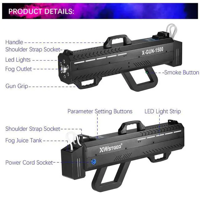 Alt view image 7 of 7 - 1500W LED Handheld Fog Gun Smoke Machine with Strap & Stand | 6 RGB LED, Timing Function, 20-26ft Thick Smoke, Ideal for Halloween DJ Party Stage Events