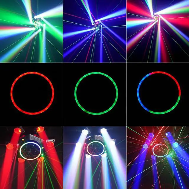 Alt view image 2 of 7 - Moving Head DJ Lights, 150W Stage Light 5-in-1 with 6 Arms Beam, Bee-Eye & Colorful Halos, Red Green Starry, White & Amber Strobe, Perfect DJ Stage Lighting for Party Disco Club Wedding Bar