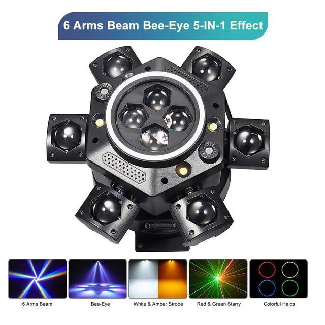 Alt view image 3 of 7 - Moving Head DJ Lights, 150W Stage Light 5-in-1 with 6 Arms Beam, Bee-Eye & Colorful Halos, Red Green Starry, White & Amber Strobe, Perfect DJ Stage Lighting for Party Disco Club Wedding Bar