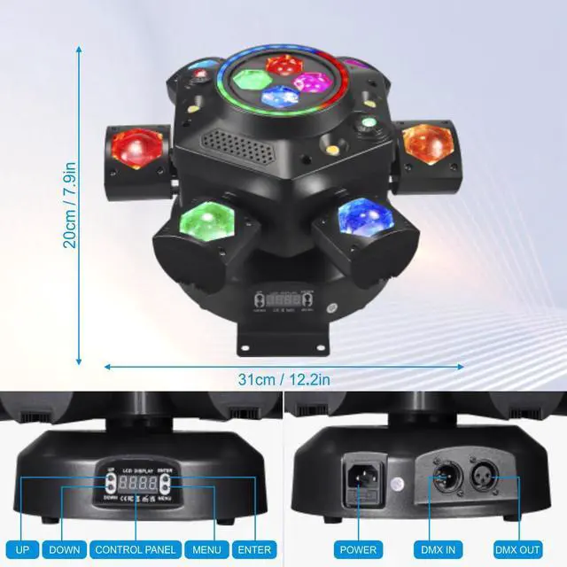 Alt view image 7 of 7 - Moving Head DJ Lights, 150W Stage Light 5-in-1 with 6 Arms Beam, Bee-Eye & Colorful Halos, Red Green Starry, White & Amber Strobe, Perfect DJ Stage Lighting for Party Disco Club Wedding Bar