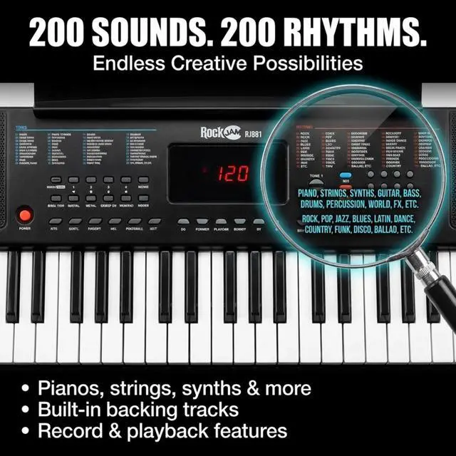 Alt view image 5 of 7 - RJ361 61 Key Compact Keyboard Piano for Beginners | Compact electric keyboard piano with 200 sounds, 200 rhythms, note stickers and Simply Piano lessons for beginners