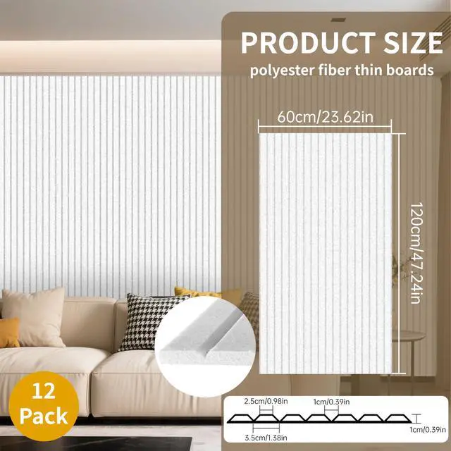 Alt view image 3 of 7 - 12 Pack Large Acoustic Wall Panels, 47.2 x 23.6 x 0.4 Inch (92.8 sq ft), Self-Adhesive Sound Absorbing Panels,Sound Proof Panels for Walls, Echo Reduction for Studio, Office, White