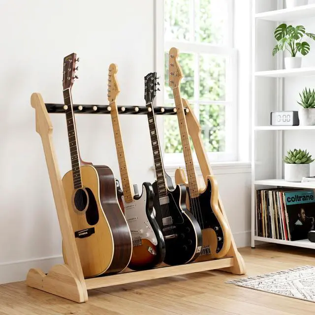 Main image of Bamboo Guitar Rack for Multiple Guitars, Adjustable Guitar Stand(Natural-B) | Natural Bamboo Adjustable Dividers Protective Padding Stable Floor Design Fits Acoustic, Electric & Bass