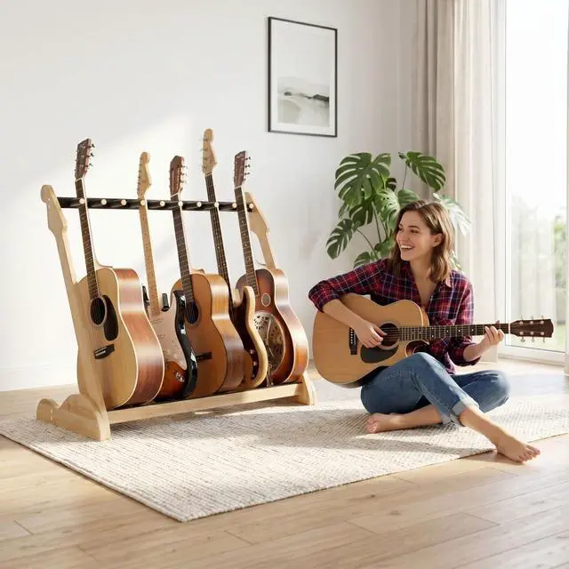 Alt view image 5 of 7 - Bamboo Guitar Rack for Multiple Guitars, Adjustable Guitar Stand(Natural-B) | Natural Bamboo Adjustable Dividers Protective Padding Stable Floor Design Fits Acoustic, Electric & Bass