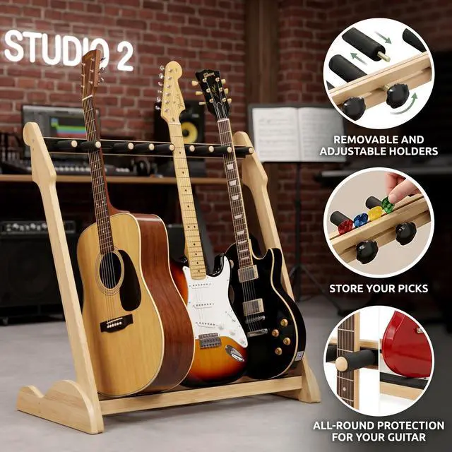 Alt view image 4 of 7 - Bamboo Guitar Rack for Multiple Guitars, Adjustable Guitar Stand(Natural-B) | Natural Bamboo Adjustable Dividers Protective Padding Stable Floor Design Fits Acoustic, Electric & Bass