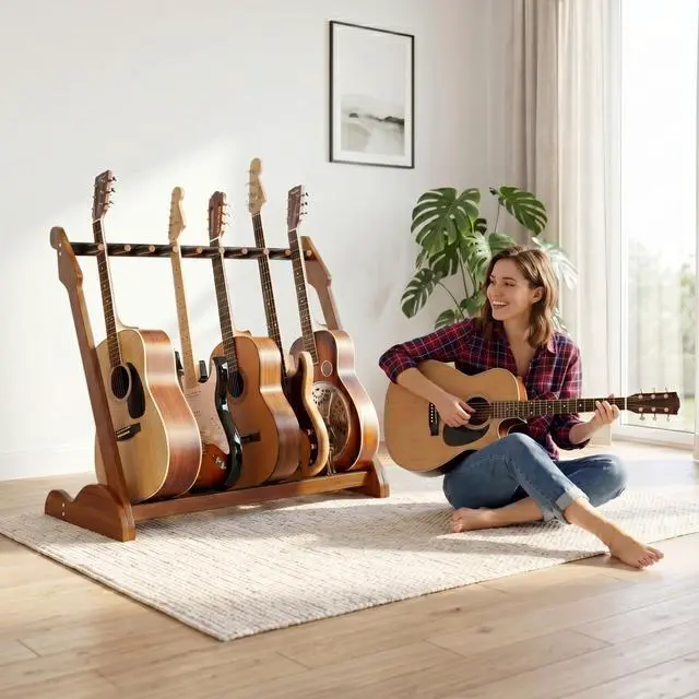 Alt view image 5 of 7 - Bamboo Guitar Rack for Multiple Guitars, Adjustable Guitar Stand(Walnut-B) | Natural Bamboo Adjustable Dividers Protective Padding Stable Floor Design Fits Acoustic, Electric & Bass