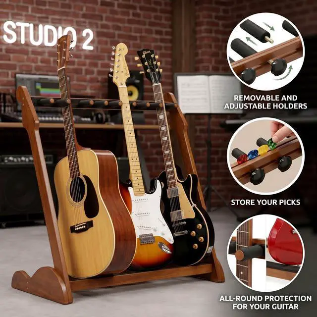 Alt view image 4 of 7 - Bamboo Guitar Rack for Multiple Guitars, Adjustable Guitar Stand(Walnut-B) | Natural Bamboo Adjustable Dividers Protective Padding Stable Floor Design Fits Acoustic, Electric & Bass