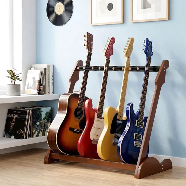 Alt view image 6 of 7 - Bamboo Guitar Rack for Multiple Guitars, Adjustable Guitar Stand(Walnut-B) | Natural Bamboo Adjustable Dividers Protective Padding Stable Floor Design Fits Acoustic, Electric & Bass