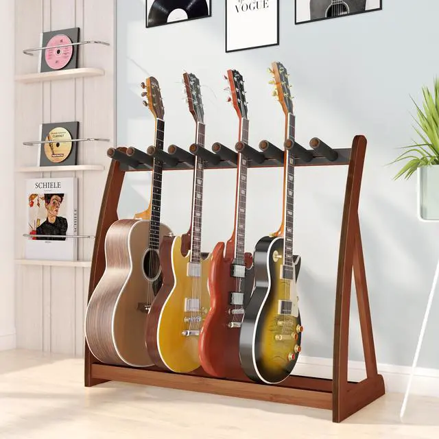 Main image of Bamboo Guitar Rack for Multiple Guitars, Adjustable Guitar Stand(Walnut) | Natural Bamboo Adjustable Dividers Protective Padding Stable Floor Design Fits Acoustic, Electric & Bass