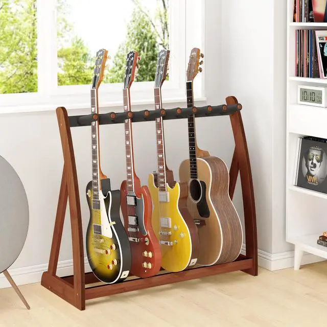 Alt view image 5 of 7 - Bamboo Guitar Rack for Multiple Guitars, Adjustable Guitar Stand(Walnut) | Natural Bamboo Adjustable Dividers Protective Padding Stable Floor Design Fits Acoustic, Electric & Bass