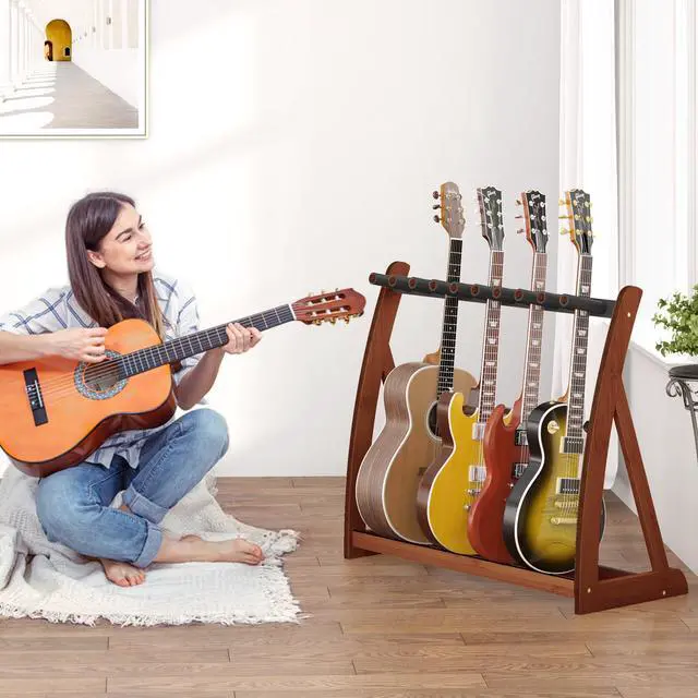 Alt view image 6 of 7 - Bamboo Guitar Rack for Multiple Guitars, Adjustable Guitar Stand(Walnut) | Natural Bamboo Adjustable Dividers Protective Padding Stable Floor Design Fits Acoustic, Electric & Bass