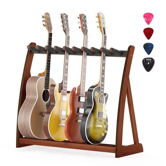 Alt view image 7 of 7 - Bamboo Guitar Rack for Multiple Guitars, Adjustable Guitar Stand(Walnut) | Natural Bamboo Adjustable Dividers Protective Padding Stable Floor Design Fits Acoustic, Electric & Bass