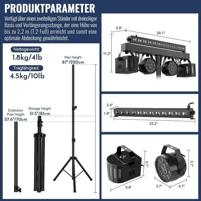 Alt view image 2 of 7 - DJ Lights Stand for Parties - Professional 5in1 LED DJ Lighting System with Stand, DMX512, Sound Activated Stage Lights Package for Wedding Live Band Disco Club Gig Bar Booth Show Events