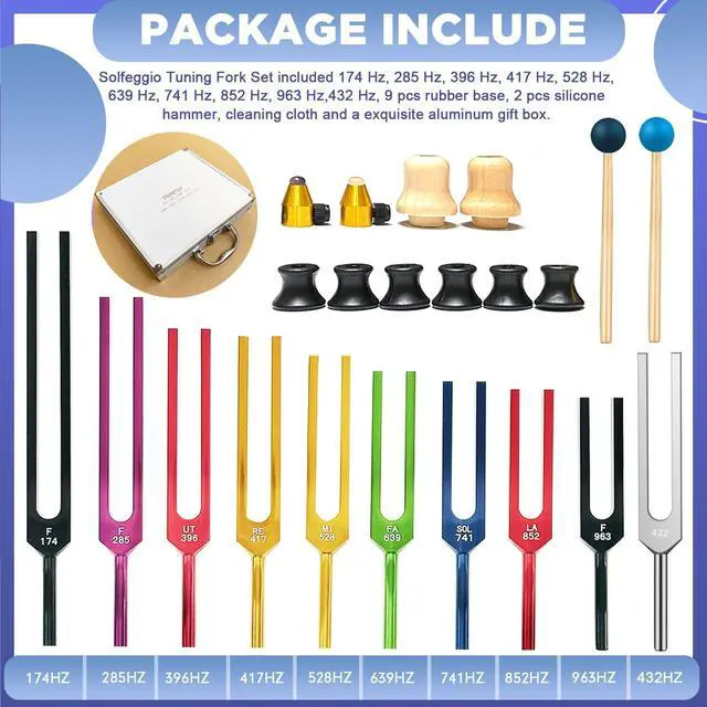 Alt view image 2 of 7 - Solfeggio Tuning Fork Set - 10 Tuning Forks Perfect for DNA Healing, Chakra, Sound Therapy, Multicolour, with Exquisite Aluminum Gift Box (174 Hz, 285 Hz, 396 Hz, 417 Hz, 432Hz, 528 Hz etc)