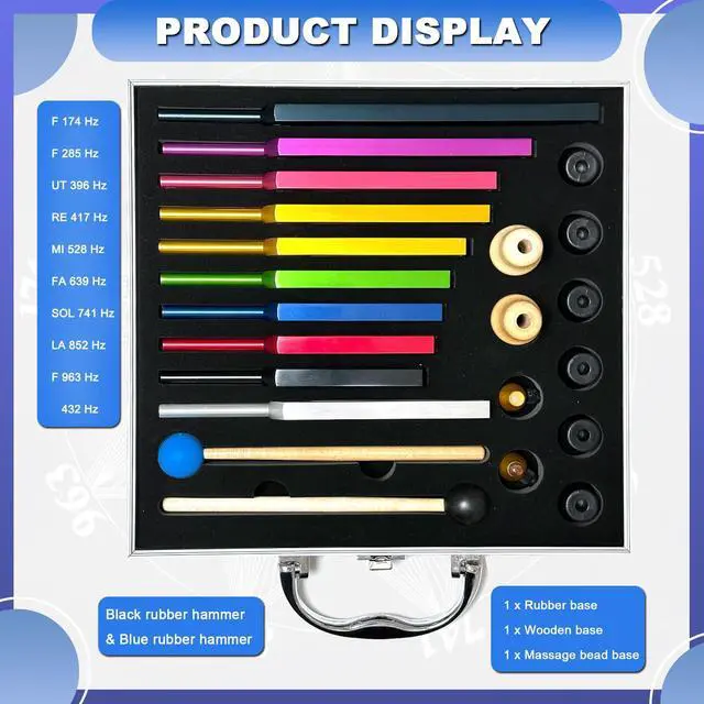 Alt view image 3 of 7 - Solfeggio Tuning Fork Set - 10 Tuning Forks Perfect for DNA Healing, Chakra, Sound Therapy, Multicolour, with Exquisite Aluminum Gift Box (174 Hz, 285 Hz, 396 Hz, 417 Hz, 432Hz, 528 Hz etc)