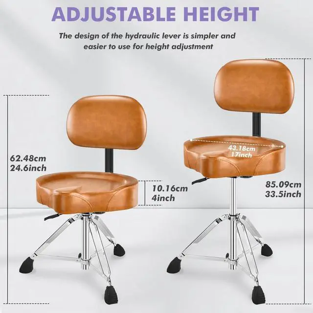 Alt view image 2 of 6 - Pro Drum Stool with Backrest, Heavy Duty Hydraulic Drum Throne, Ergonomic Memory Foam Drum Seat, Adjustable Drum Chair Anti-Slip Base, Drum Saddle Bench for Drummers Musicians(Brown)
