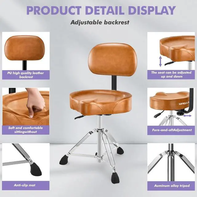 Alt view image 4 of 6 - Pro Drum Stool with Backrest, Heavy Duty Hydraulic Drum Throne, Ergonomic Memory Foam Drum Seat, Adjustable Drum Chair Anti-Slip Base, Drum Saddle Bench for Drummers Musicians(Brown)