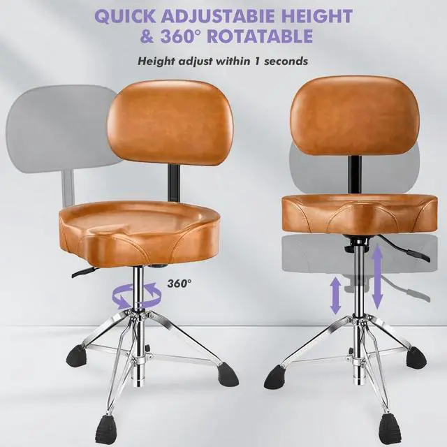 Alt view image 5 of 6 - Pro Drum Stool with Backrest, Heavy Duty Hydraulic Drum Throne, Ergonomic Memory Foam Drum Seat, Adjustable Drum Chair Anti-Slip Base, Drum Saddle Bench for Drummers Musicians(Brown)