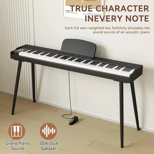 Alt view image 3 of 7 - 88 Key Digital Piano Keyboard with Stand & Sustain Pedal, Full-Size Semi Weighted Electric Piano for Beginners/Adults, Home Keyboard Piano with Headphone Jack, MIDI-USB Connectivity, Black