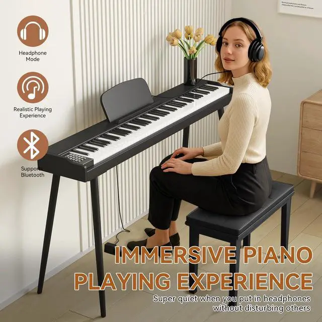 Alt view image 2 of 7 - 88 Key Digital Piano Keyboard with Stand & Sustain Pedal, Full-Size Semi Weighted Electric Piano for Beginners/Adults, Home Keyboard Piano with Headphone Jack, MIDI-USB Connectivity, Black