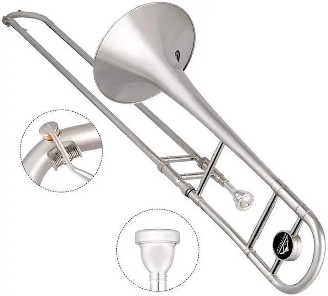 Alt view image 2 of 7 - Bb Tenor Slide Trombone Brass Musical Instrument with Hard Case,Mouthpiece,Gloves,Cleaning Cloth for Professional Player Beginners, Large Bell(9.25"/235 mm),Nickel Plated