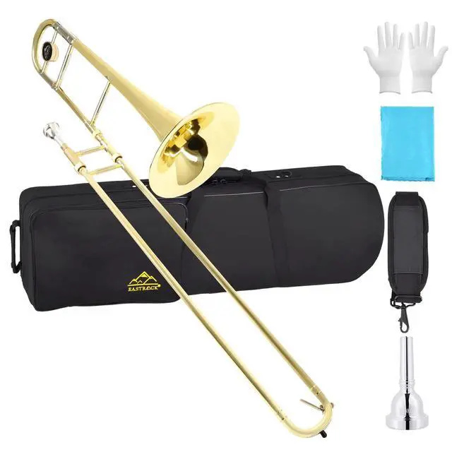 Main image of Bb Tenor Slide Trombone Brass Musical Instrument with Hard Case,Mouthpiece,Gloves,Cleaning Cloth for Professional Player Beginners Students, Large Bell(9.25"/235 mm),GOLD