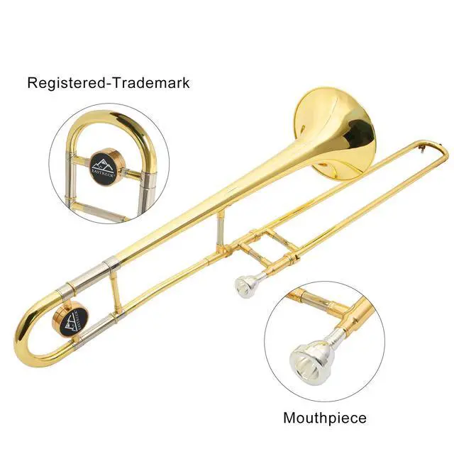Alt view image 3 of 5 - Bb Tenor Slide Trombone Brass Musical Instrument with Hard Case,Mouthpiece,Gloves,Cleaning Cloth for Professional Player Beginners Students, Large Bell(9.25"/235 mm),GOLD