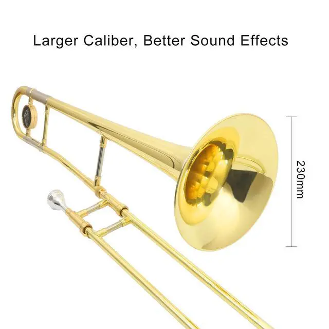 Alt view image 2 of 5 - Bb Tenor Slide Trombone Brass Musical Instrument with Hard Case,Mouthpiece,Gloves,Cleaning Cloth for Professional Player Beginners Students, Large Bell(9.25"/235 mm),GOLD