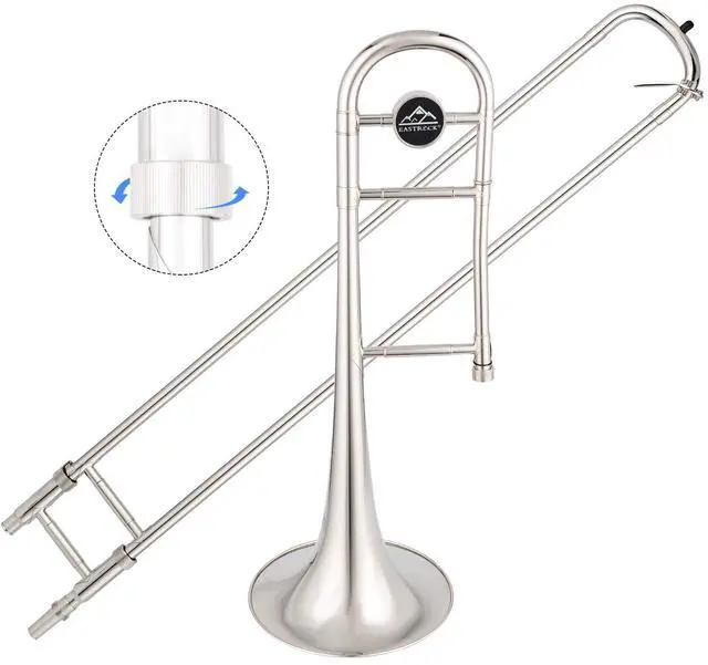 Alt view image 3 of 7 - Bb Tenor Slide Trombone Brass Musical Instrument with Hard Case,Mouthpiece,Gloves,Cleaning Cloth for Professional Player Beginners, Large Bell(9.25"/235 mm),Nickel Plated