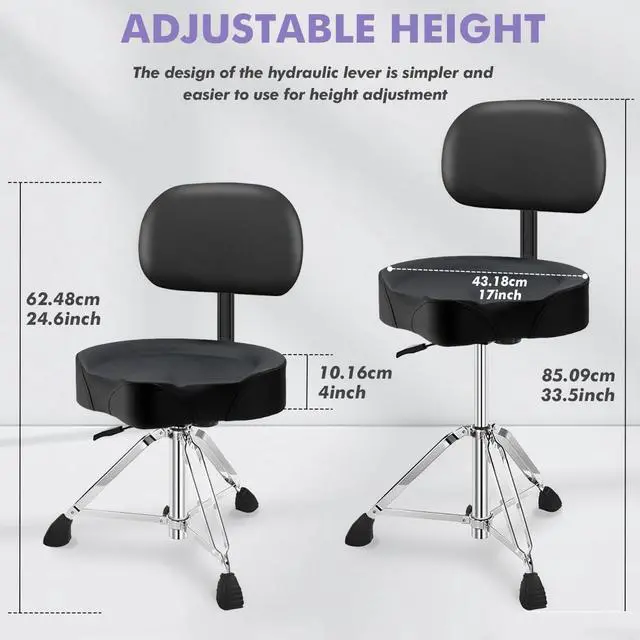 Alt view image 2 of 7 - Pro Drum Stool with Backrest, Heavy Duty Hydraulic Drum Throne, Ergonomic Memory Foam Drum Seat, Adjustable Drum Chair Anti-Slip Base, Drum Saddle Bench for Drummers Musicians (Black)