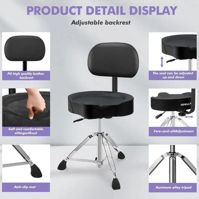Alt view image 4 of 7 - Pro Drum Stool with Backrest, Heavy Duty Hydraulic Drum Throne, Ergonomic Memory Foam Drum Seat, Adjustable Drum Chair Anti-Slip Base, Drum Saddle Bench for Drummers Musicians (Black)