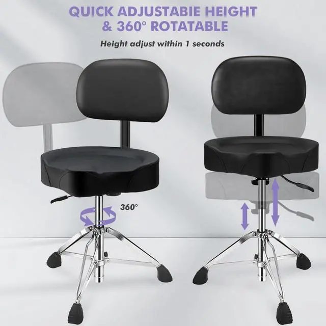 Alt view image 5 of 7 - Pro Drum Stool with Backrest, Heavy Duty Hydraulic Drum Throne, Ergonomic Memory Foam Drum Seat, Adjustable Drum Chair Anti-Slip Base, Drum Saddle Bench for Drummers Musicians (Black)