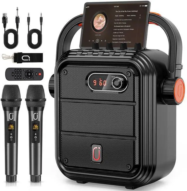 Main image of Karaoke Machine with 2 Wireless Microphones, 5200mAh Portable Speaker Set Bluetooth 5.0 Rechargeable PA System with TWS,FM, REC,Stage Subwoofer Supports BT/USB/TF Card/Aux for Party