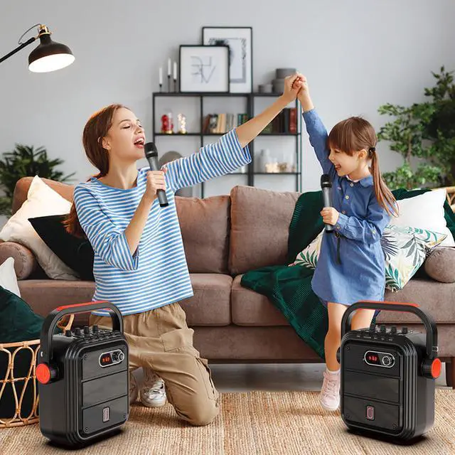 Alt view image 3 of 7 - Karaoke Machine with 2 Wireless Microphones, 5200mAh Portable Speaker Set Bluetooth 5.0 Rechargeable PA System with TWS,FM, REC,Stage Subwoofer Supports BT/USB/TF Card/Aux for Party