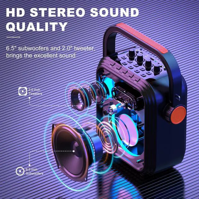 Alt view image 2 of 7 - Karaoke Machine with 2 Wireless Microphones, 5200mAh Portable Speaker Set Bluetooth 5.0 Rechargeable PA System with TWS,FM, REC,Stage Subwoofer Supports BT/USB/TF Card/Aux for Party